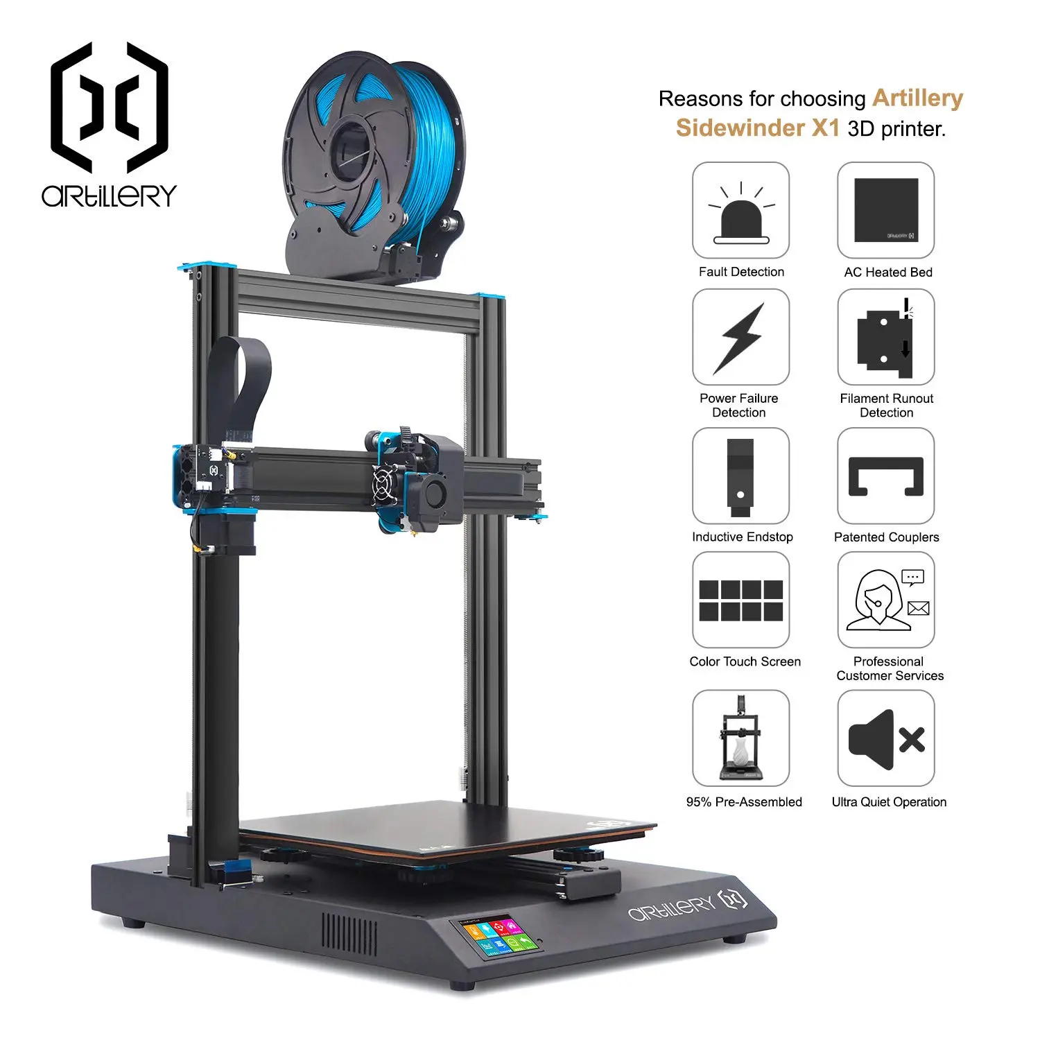 Artillery Sidewinder X1 3D Printer  Reset Button Dual Z Axis Ultra-Quiet Printing Runout Detection & Recovery